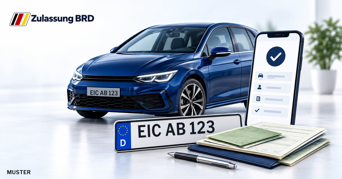 Online Fahrzeugzulassung in Landkreis Eichsfeld: Musterkennzeichen EIC AB 123, Auto und Fahrzeugpapiere und Smartphone. Illustration mit Logo von Zulassung BRD.